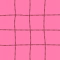 Hand Drawn Cute Grid. Doodle Pink, Red, Purple Plaid Pattern With Checks. Graph Square Background With Texture. Line Art