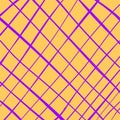 Hand drawn cute grid. doodle yellow, purple, violet plaid pattern with Checks. Graph square background with texture