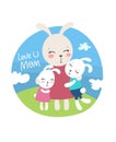 Hand drawn cute happy bunnies: mother, daughter and son hugging on the background of blue sky and green grass