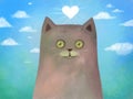 Hand-drawn cute happy friendly gray cat in love on a background of meadows and sky, and with a white heart above his head