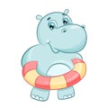 Hand drawn cute hippo with swimming circle vector illustration. Cartoon hippopotamus isolated on white. Cute baby Royalty Free Stock Photo