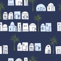 Hand drawn houses and palm trees. Vector pattern Royalty Free Stock Photo