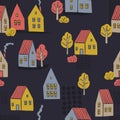 Hand drawn cute houses and trees. Vector pattern Royalty Free Stock Photo