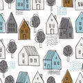 Hand drawn cute houses and trees. Vector pattern