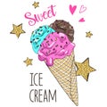 Hand drawn cute ice cream couple illustration with text Ã¢â¬ÅSweet Ice cream`.