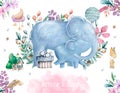 Hand drawn cute isolated tropical summer watercolor elephant animals. baby and mother cartoon animal illustrations, jungle tree Royalty Free Stock Photo