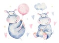 Hand drawn cute isolated tropical summer watercolor hippo animals. hippopotamus baby and mother cartoon animal Royalty Free Stock Photo