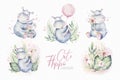 Hand drawn cute isolated tropical summer watercolor hippo animals. hippopotamus baby and mother cartoon animal Royalty Free Stock Photo