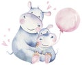 Hand drawn cute isolated tropical summer watercolor hippo animals. hippopotamus baby and mother cartoon animal illustrations,