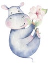 Hand drawn cute isolated tropical summer watercolor hippo animals. hippopotamus baby and mother cartoon animal