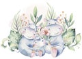 Hand drawn cute isolated tropical summer watercolor hippo animals. hippopotamus baby and mother cartoon animal