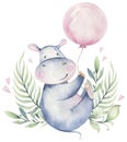 Hand drawn cute isolated tropical summer watercolor hippo animals. hippopotamus baby and mother cartoon animal