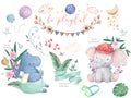 Hand drawn cute isolated tropical summer watercolor hippo animals. Two hippopotamus family cartoon animal illustrations, jungle Royalty Free Stock Photo