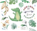 Hand drawn cute isolated tropical summer watercolor hippo animals. Two hippopotamus family cartoon animal illustrations, jungle Royalty Free Stock Photo