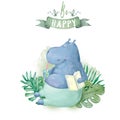 Hand drawn cute isolated tropical summer watercolor hippo animals. Two hippopotamus family cartoon animal illustrations, jungle Royalty Free Stock Photo