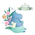 Hand drawn cute isolated tropical summer watercolor hippo animals. Two hippopotamus family cartoon animal illustrations, jungle Royalty Free Stock Photo