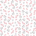 Hand drawn cute kittens pattern background with cats ,hearts and paw print.