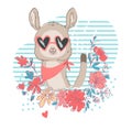 Hand drawn cute Lama with sunglasses. Print design for t-shirt. Vector . Royalty Free Stock Photo