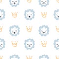 Hand drawn cute lion and crown vector illustration seamless pattern baby boy. Simple repeated texture with scandinavian