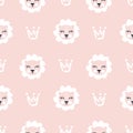 Hand drawn cute lioness and crown vector illustration seamless pattern on pink background kids girl. Simple repeated