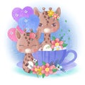 hand drawn cute little giraffe with a tea cup and balloons Royalty Free Stock Photo