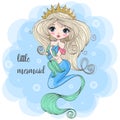 Hand drawn cute little mermaid girl with fish in her hands..