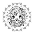 Hand drawn cute little mermaid in a round frame. Black and white. Doodle cartoon vector illustration.