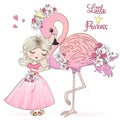 Hand drawn cute Little Princess girl with Flamingo. Vector Illustration.. Royalty Free Stock Photo