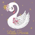 Hand drawn cute Little Princess Swan with crown and flowers. Vector Royalty Free Stock Photo