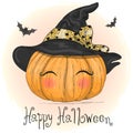 Hand drawn beautiful cute Halloween girl witch with black cat. Royalty Free Stock Photo