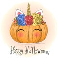Hand drawn cute little pumpkin head with unicorn decoration. Happy Halloween lettering. Vector illustration.