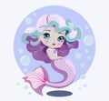 Hand drawn cute little purple mermaid doll with bubbles. Isolated design element for greeting card, poster, flyer, birthday, party Royalty Free Stock Photo