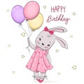 Hand Drawn cute little rabbit girl ballerina with balloons.