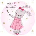 Hand Drawn cute little rabbit girl ballerina with balloons. Royalty Free Stock Photo