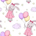 Hand Drawn cute little rabbit girl ballerina with balloons.