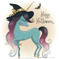 Hand drawn cute little unicorn in witch hat. Happy Halloween lettering.