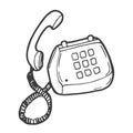 Hand drawn cute outline illustration of blue retro wired phone. Flat vector old telephone with dial sticker in simple line art Royalty Free Stock Photo