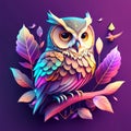 Hand-drawn cute owl pastel tetradic colours, 3D art, cute and quirky, fantasy art, watercolor effect Royalty Free Stock Photo