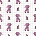 Hand drawn cute pajamas with stuffed toy seamless vector pattern. Adorable sleeping clothes with plaid for peaceful