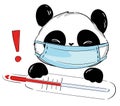 Hand drawn cute Panda wearing a mask with a thermometer. Stop coronavirus. COVID-19 Pandemic medical illustration. Nameplate,