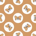 Hand drawn cute Papillon dog face breed in polka dot seamless vector pattern. Purebread pedigree puppy domestic on dotty
