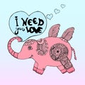 Hand drawn cute pink elephant robot with quote in heart