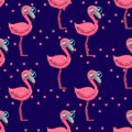 Hand drawn cute pink flamingo pattern seamless. Vector illustration. Childish design print for textile