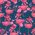 Hand drawn cute pink flamingo pattern seamless. Vector illustration. Childish design print for textile