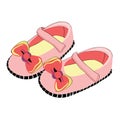 Cute pink and yellow baby shoes for little girl with red ribbon. Vector illustration on white background Royalty Free Stock Photo