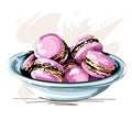 Hand drawn cute plate with pink macaroons. Beautiful cookies. Sketch.