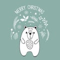 Hand drawn cute polar bear Merry Christmas lettering botanical elements. Holiday greeting card Scandinavian style Royalty Free Stock Photo