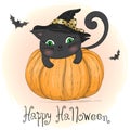 Hand drawn cute pumpkin head and cat in a black hat. Happy Halloween lettering. Royalty Free Stock Photo