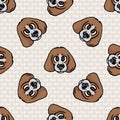 Hand drawn cute puppy foxhound hunting dog face seamless vector pattern. Purebred pedigree domestic dog on paw background. Dog