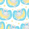 Hand drawn cute rabbit on the moon pattern seamless. Print design for baby pajamas, textiles. illustration